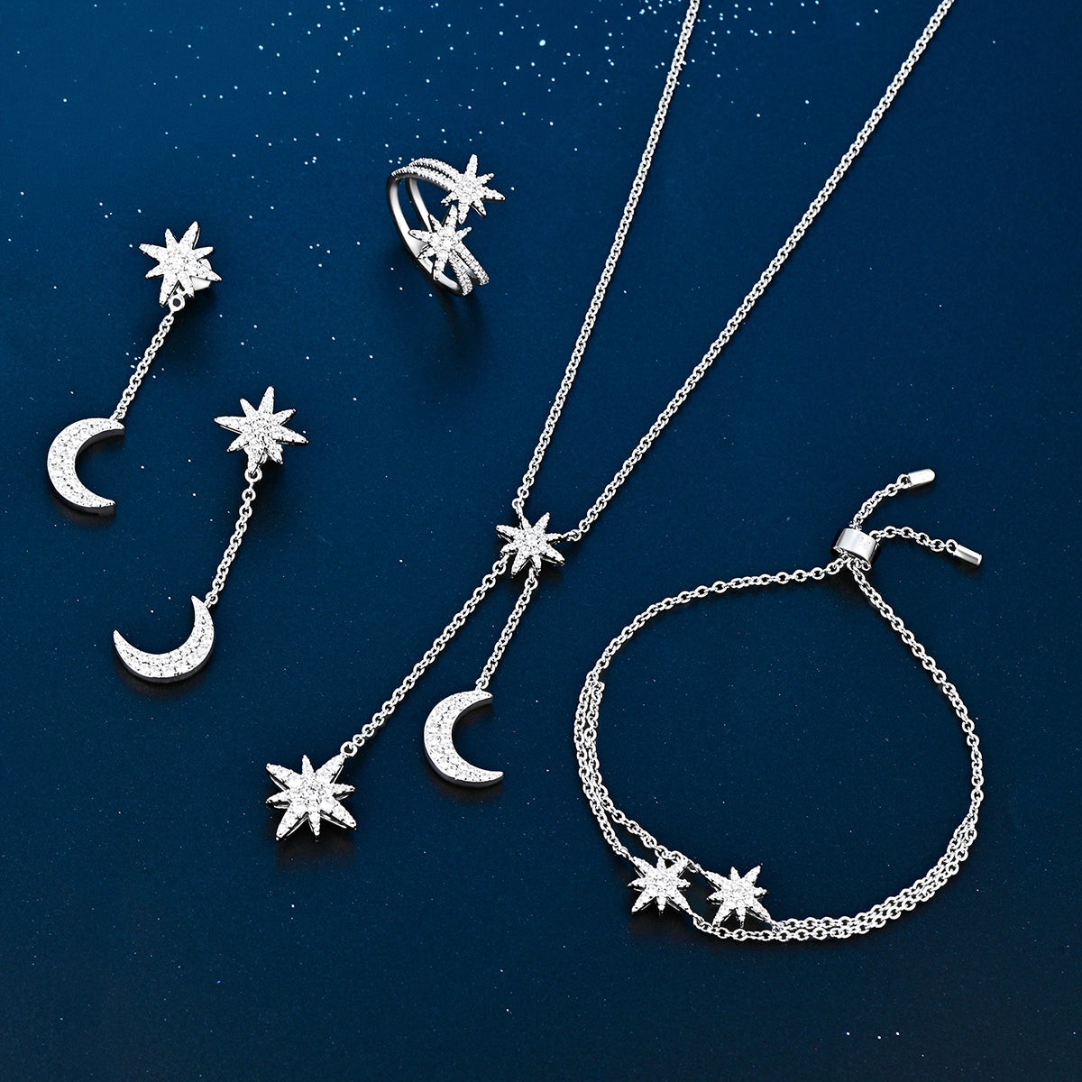 طقم مون ستار بتصميم ثنائي / اللون الفضي