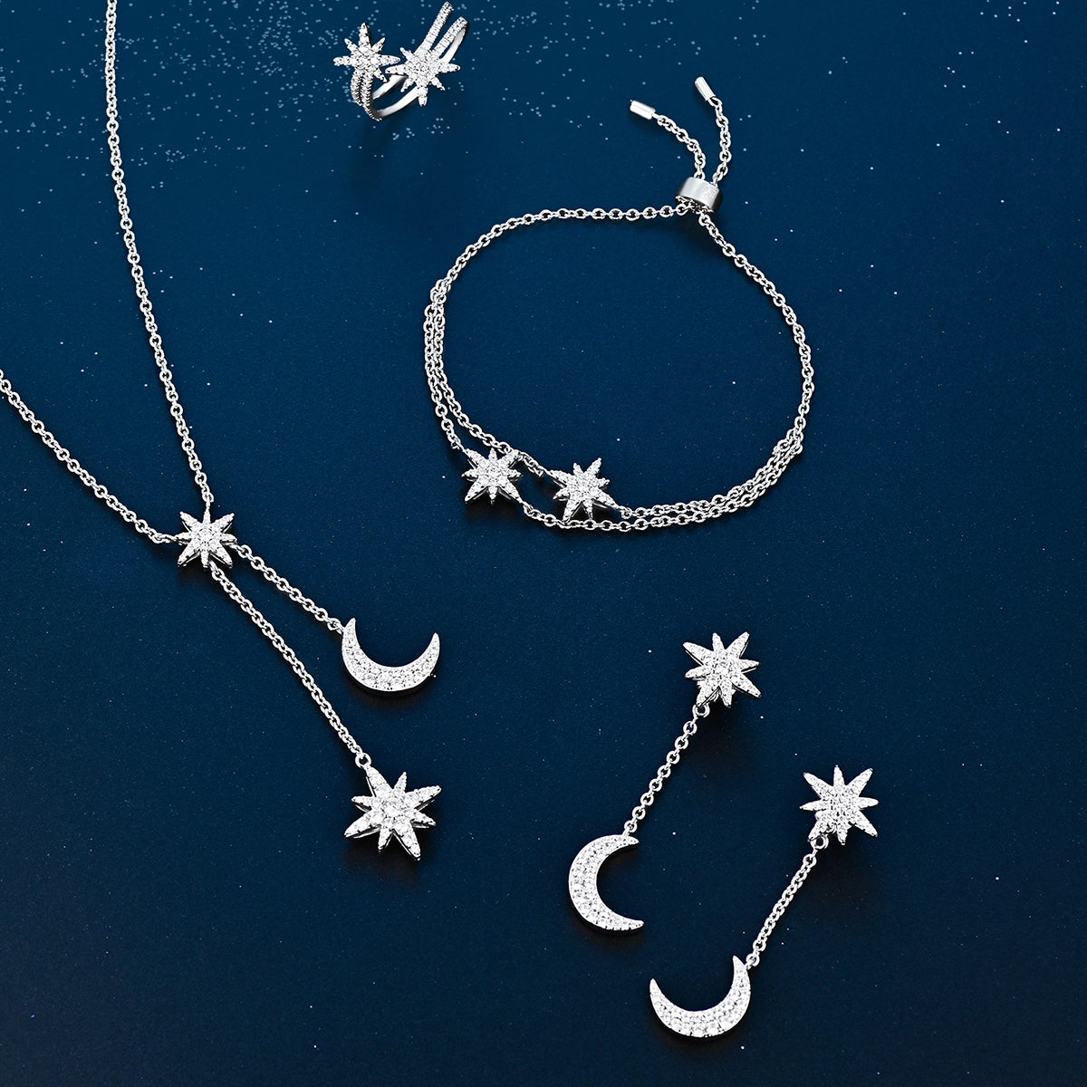 طقم مون ستار بتصميم ثنائي / اللون الفضي