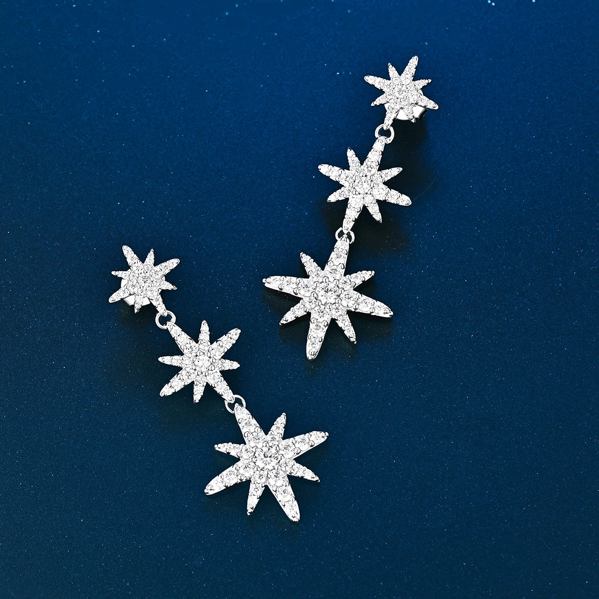 أقراط مون ستار بتصميم ثلاثي / اللون الفضي