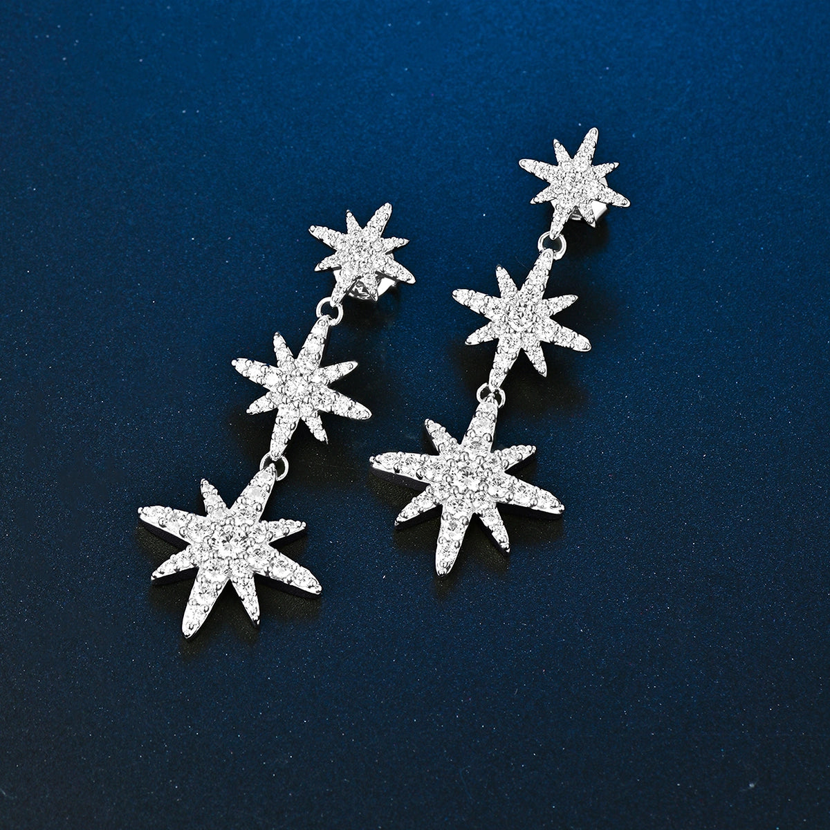 أقراط مون ستار بتصميم ثلاثي / اللون الفضي