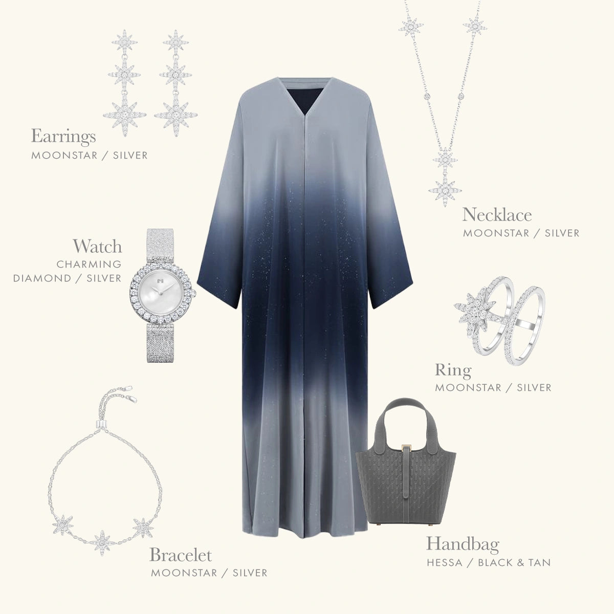 طقم مون ستار بتصميم ثلاثي / اللون الفضي