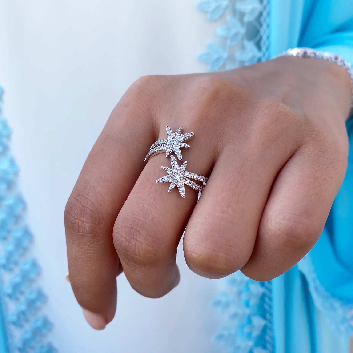 خاتم مون ستار  بتصميم ثنائي / اللون الفضي