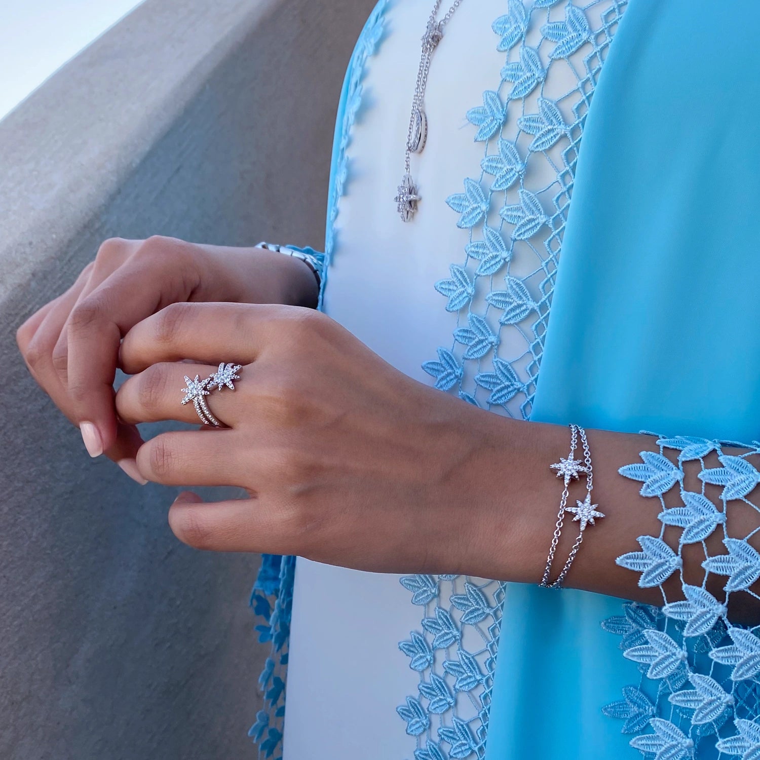 خاتم مون ستار  بتصميم ثنائي / اللون الفضي