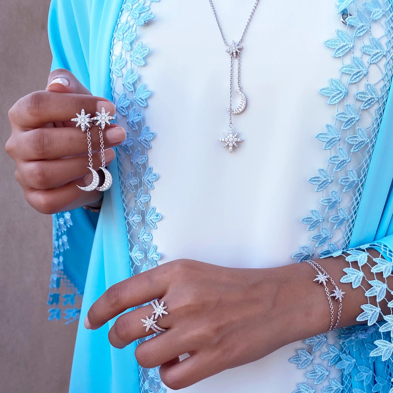 طقم مون ستار بتصميم ثنائي / اللون الفضي